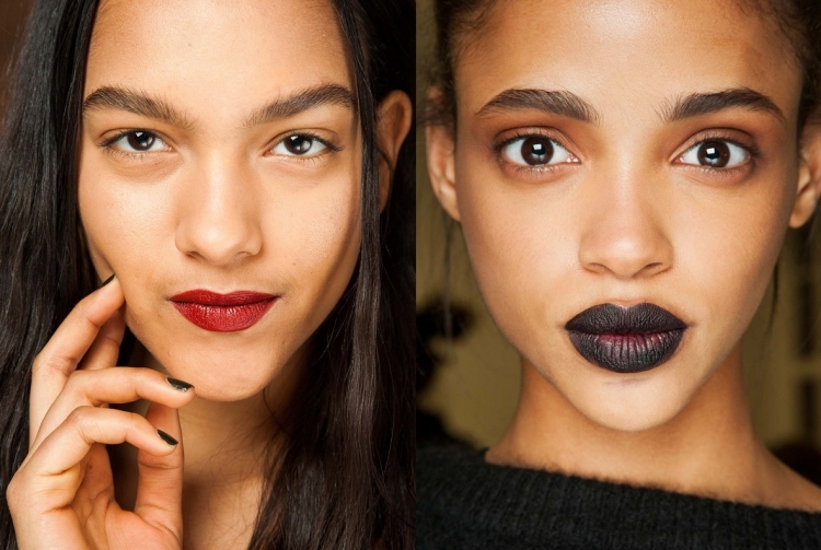 Maquillaje de moda 2024 labios llamativos colores oscuros ojos naturales